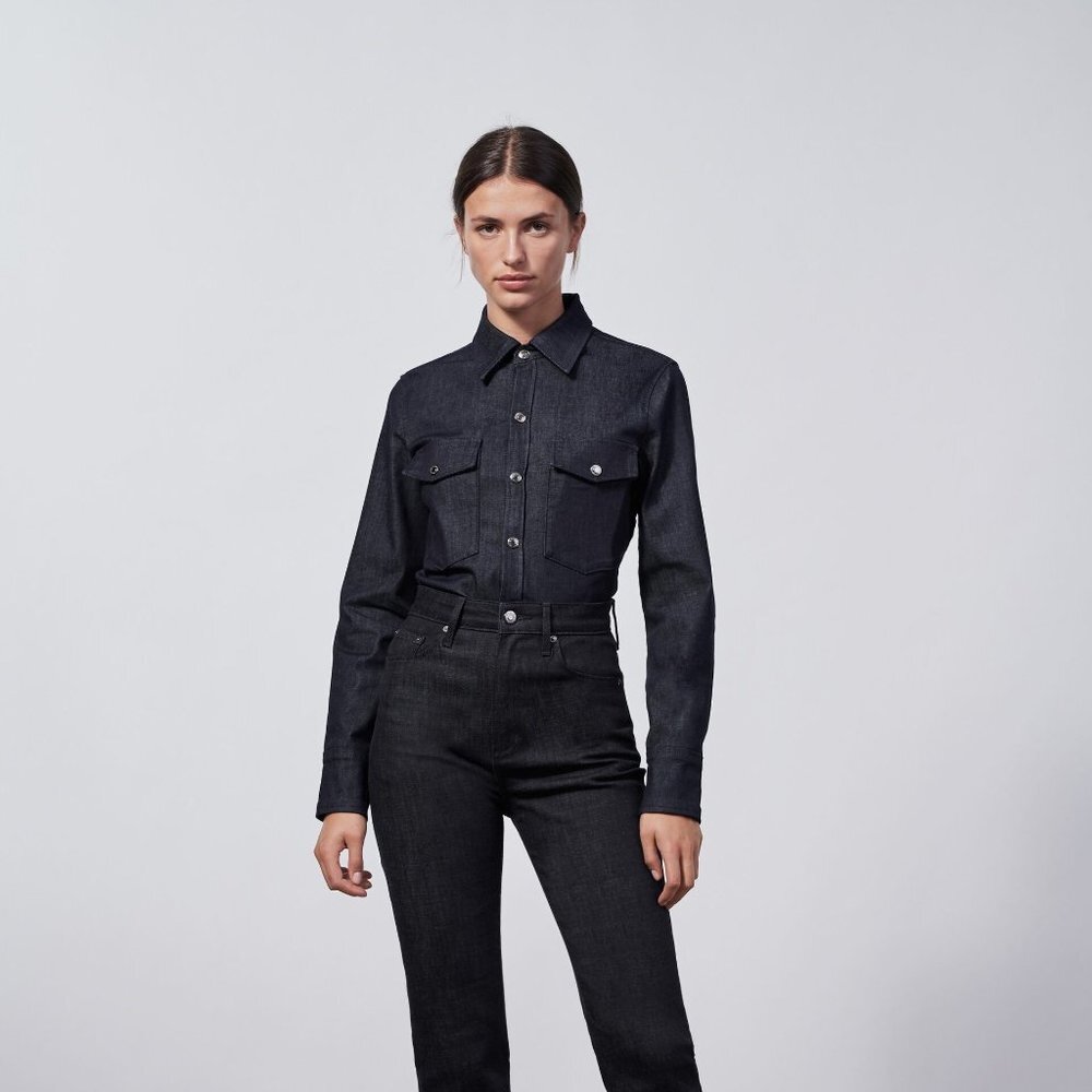 Dark Denim Zara Snap-Front Woven Long Sleeve Jean Top (NWT)